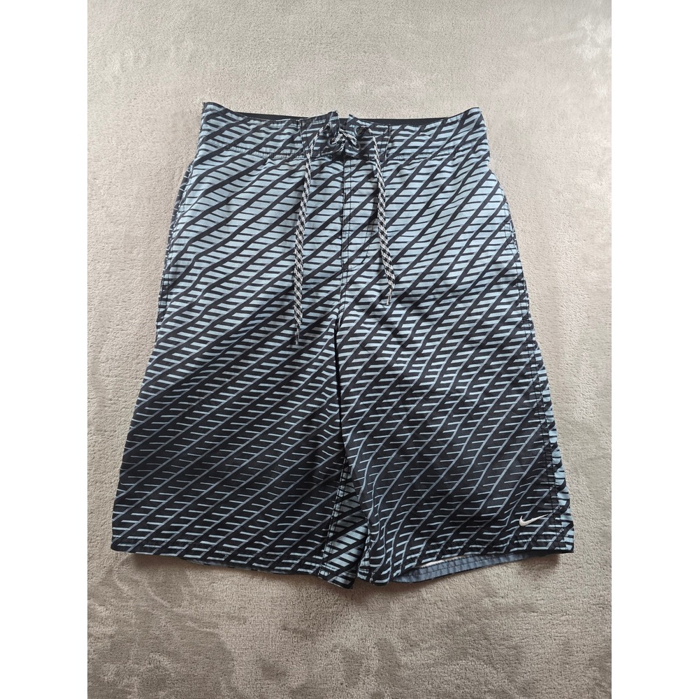 Nike Swim Trunks Mens Small Black Blue Striped Board Shorts NESS7414